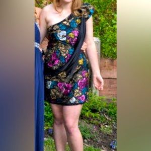 Nanette Lepore black Silk one Shoulder Cocktail Dress with floral print